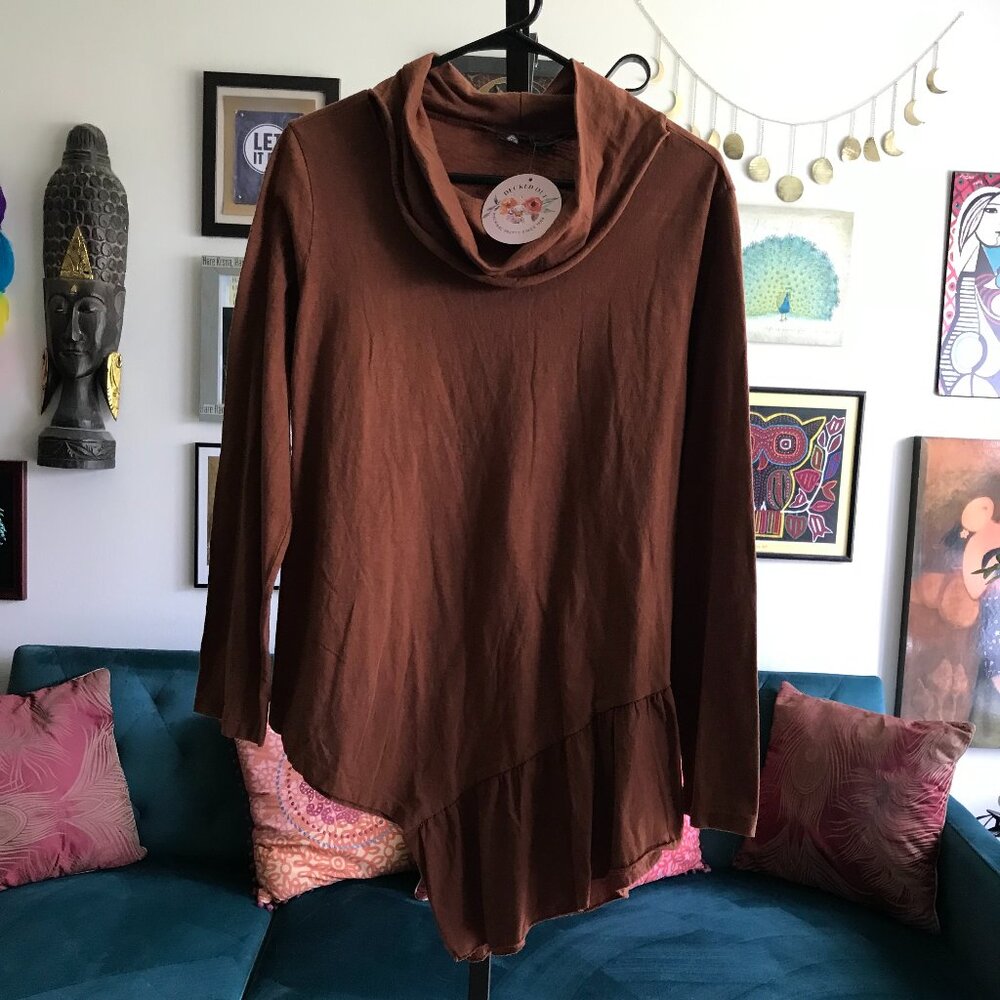 MADE IN ITALY size S Tobacco Brown Stretch Knit Asymmetric Cowl Neck Top NWT